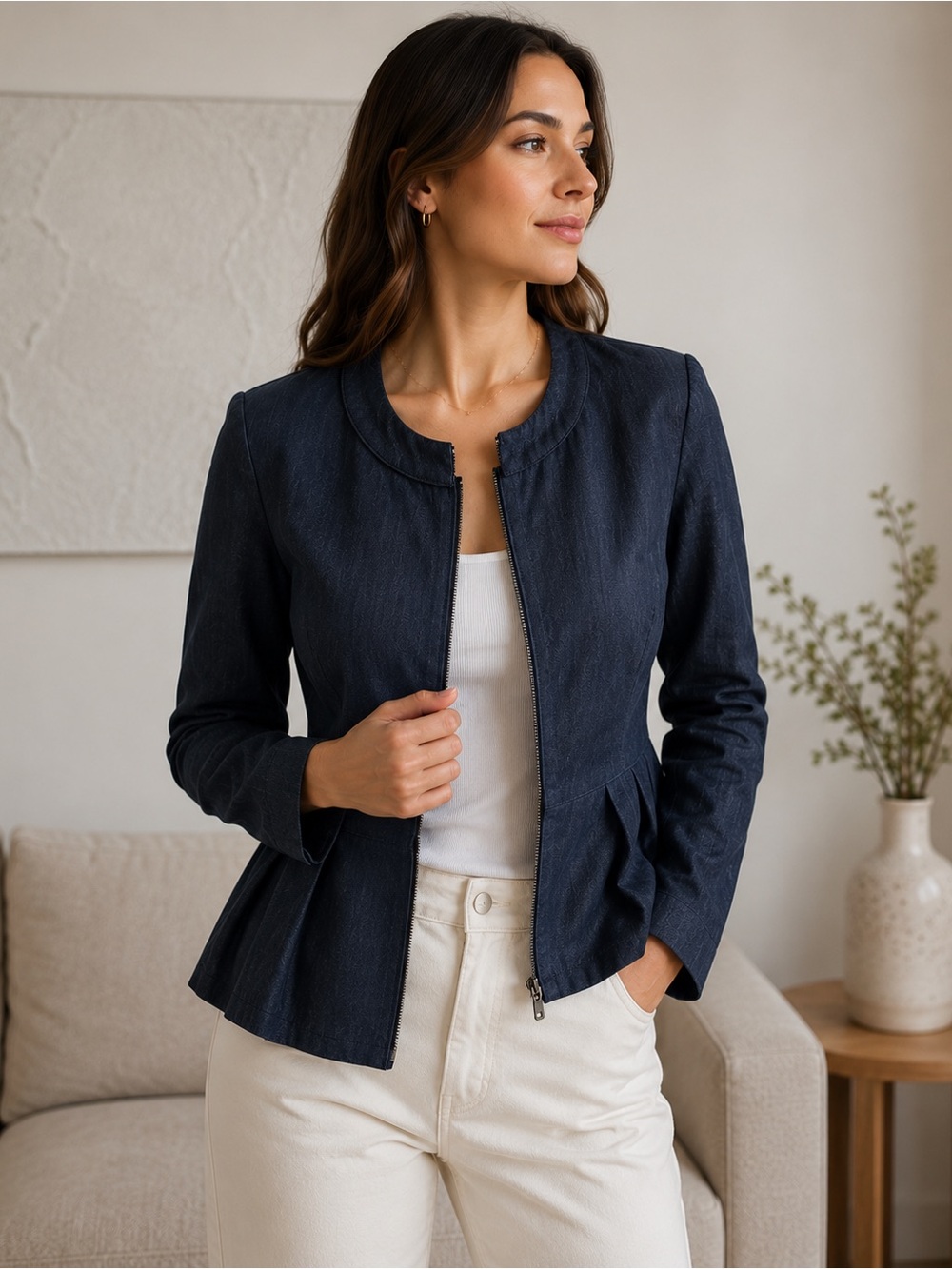 Max & Co. Dark Navy Peplum Zip Blazer